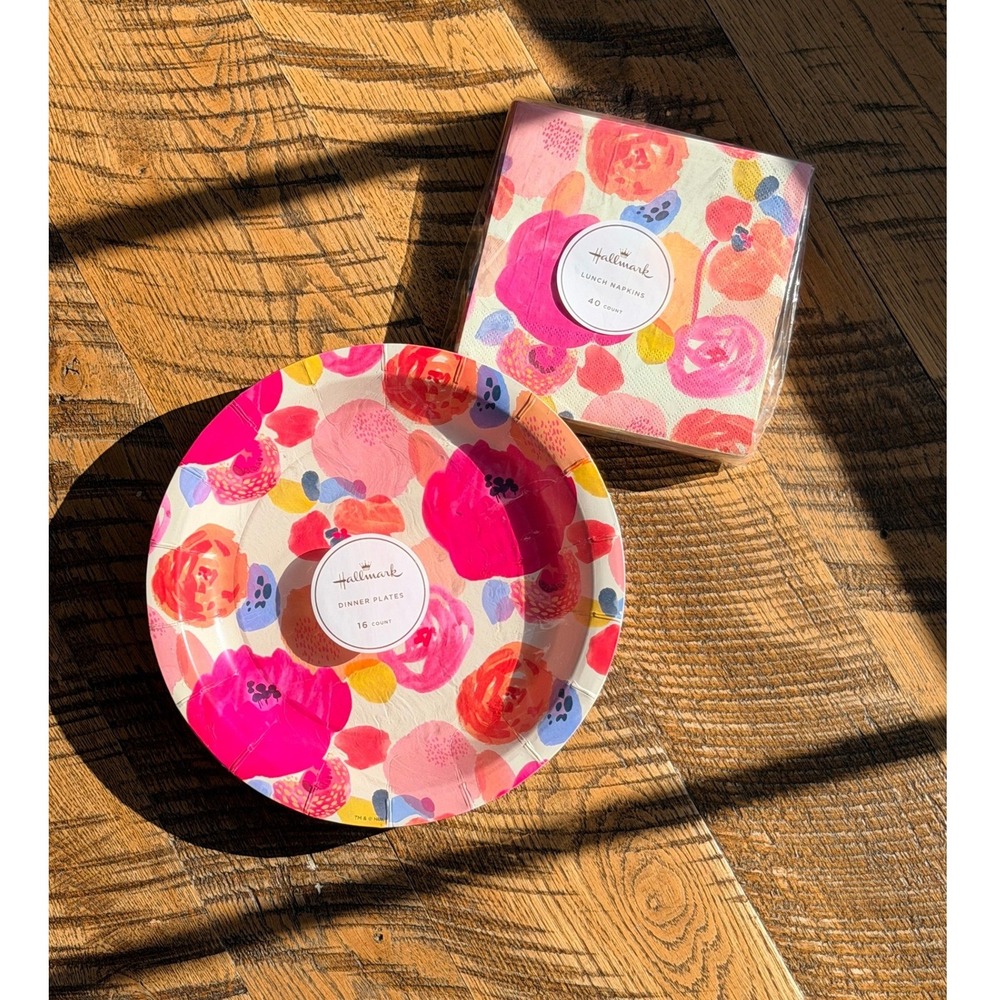 Hallmark Floral Party Supplies Set 16 Dinner Plates 40 Lunch Napkins Pink Orange